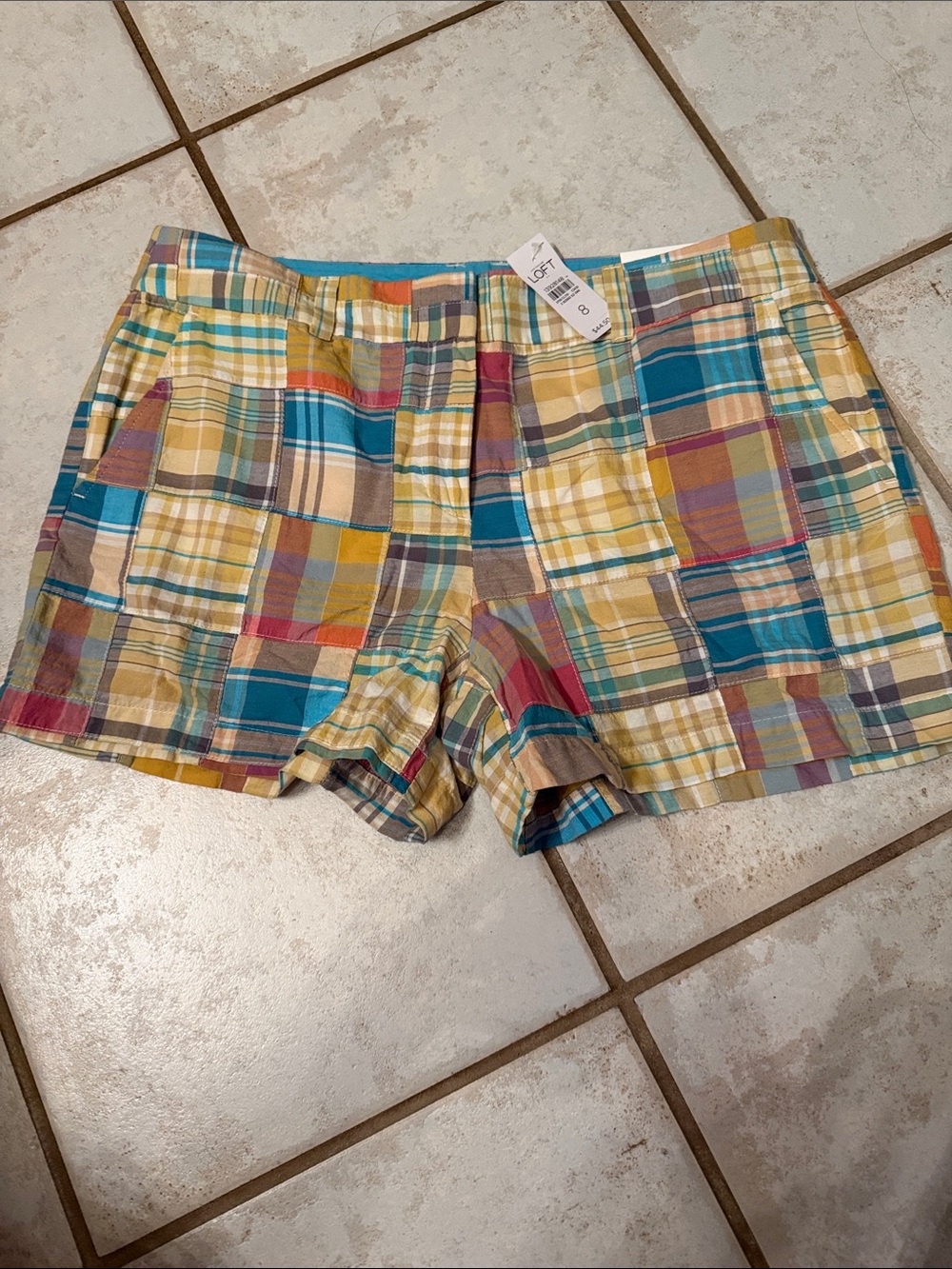 LOFT Patchwork Plaid Shorts - Yellow, Blue, Pink - Picture 2 of 4